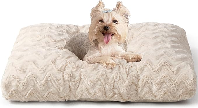 EHEYCIGA Washable Small Dog Bed for Crate 23x18 Inch, Reversible Kennel Pad for Puppy Weight Up to 25 lbs, Plush and Comfy Pet Sleeping Mat, Beige
