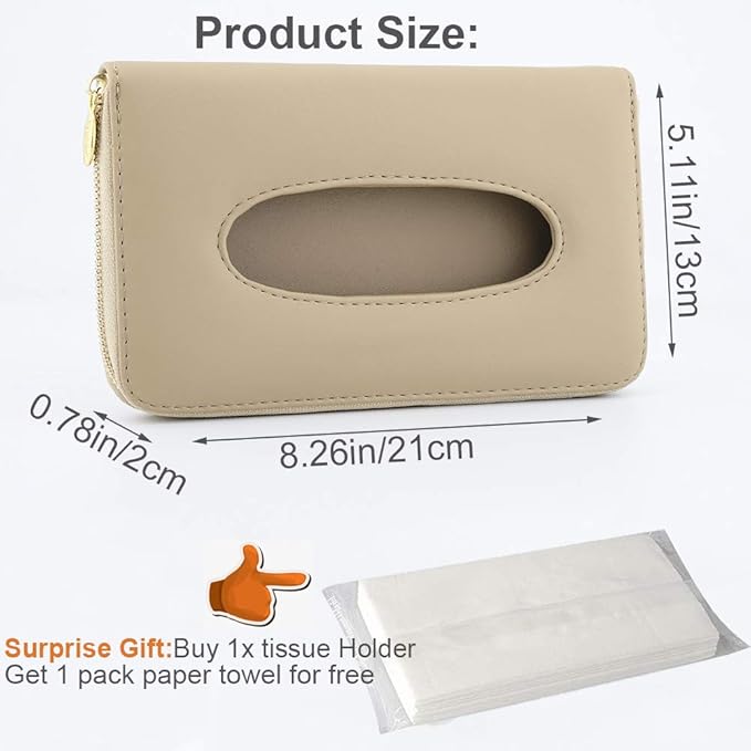 Car Tissue Holder, Sun Visor Tissue Holder, Car Visor Napkin Holder, PU Leather Backseat Tissue Case Holder for Car Vehicle with Zipper (Beige)