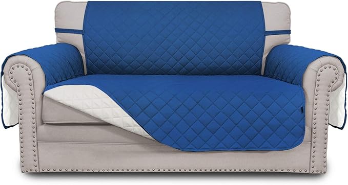 Easy-Going Reversible Loveseat Couch Cover for 2 Cushion Couch Sofa Cover for Dogs Water Resistant Furniture Protector with Foam Sticks Elastic Straps for Pet (Loveseat, Blue/Ivory)