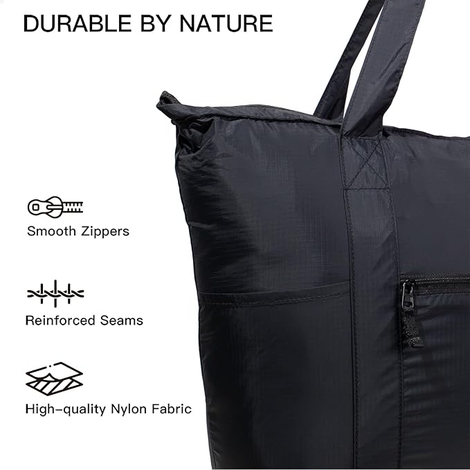 Foldable Lightweight Tote Bag Nylon for Travel Duffel,Polyester Packable Totes with Zipper, 23-28L Collapsible Compact Large for Women and Men,Black