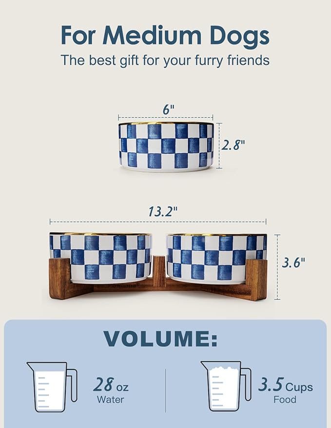 Ceramic Dog Bowls for Medium Dogs, 3.5 Cup Checkered Dog Food and Water Bowl with Acacia Wood Stand, Non-Slip Anti-Tip Elevated Feeding Station, Blue and White