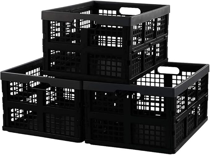 Waikhomes 30 L Plastic Collapsible Crate, Set of 3 Folding Crate, Storage Box (Black)