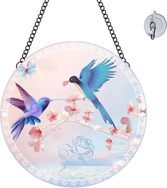 Hummingbird Suncatcher 8 Inch Stained Glass Window Hanging Diamond Chain Hooks – Indoor/Outdoor Window Wall Art Home Décor -Gift for Women Men Valentine's Day Thanksgiving Ornaments Festival Gifts