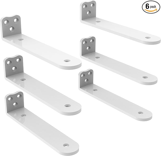 Eurydice Heavy Duty Floating Shelf Brackets, 1/4 inch Thick L Brackets, (8 In 6 Pack White), Holds 200 lb, Rounded Arc Edge, One-Piece, 3 Hole Mounting For Wood Shelves in Kitchen, Garage, Office, DIY