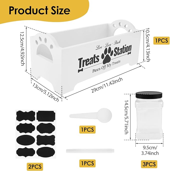 KarHoeGern Dog Treat Container for Countertop Dog Food Storage with 3 Plastic Treat Jars Wood Dog Food Container with Handles and Lids Farmhouse Practical Pet Cat Dog Treat Storage Containers (white)