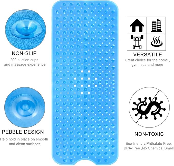 YINENN Bath and Shower Safety Mats 40x16 inch, Non Slip with Suction Cups for Bathroom Stall and Tub Floor, Extra Large and Machine Washable, Drain Holes Keep Bathtub Clean, Blue