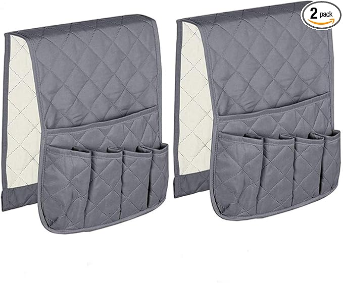 2 Pack Non-Slip Couch Sofa Chair Armrest Organizer 5 Pockets Armchair Caddy Smart Phone, Book, Magazines, Ipad, TV Remote Control Holder (Gray)