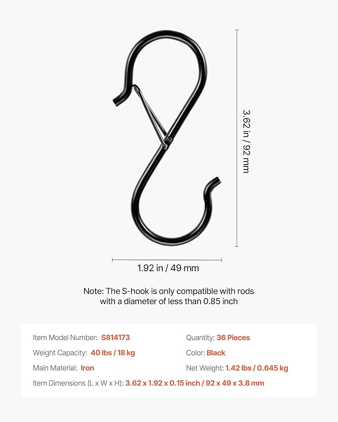 VEVOR S Hooks 36 Pack, 39.68 LBS Capacity for Bars up to 0.85 Inch, S Shaped Hooks with Safety Buckle, Heavy Duty Metal Hangers for Plants, Jeans, Clothes in Garden, Closet, Kitchen, Bedroom, Black