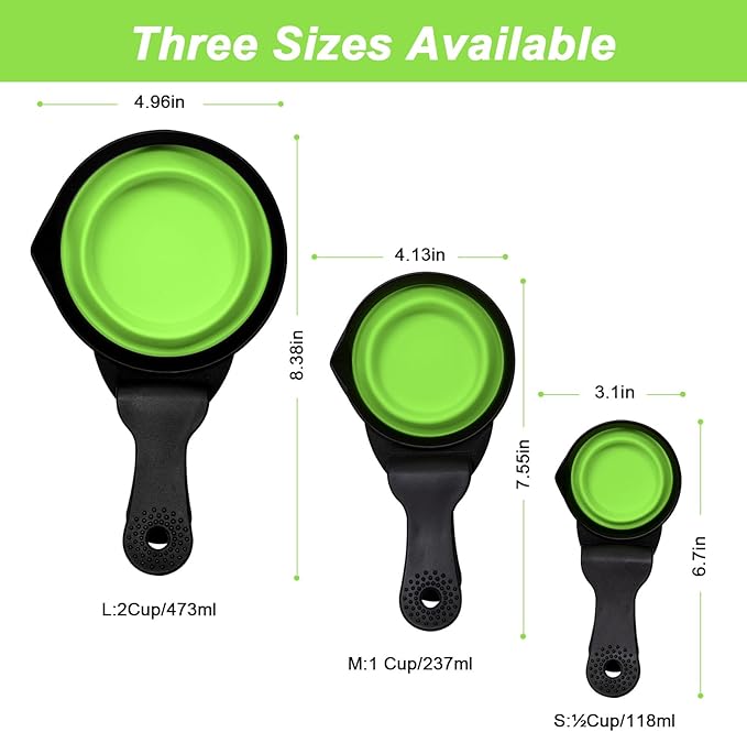 PNEUICALLY Collapsible Dog Food Scoop Foldable Pet Food Bag Clip 3 in 1 Multi-function Silicone Cat Food Measuring Cup Scoop Dog Food Scooper Pet Food Storage Clip (Green, 1/2 Cup Capacity(1 Pack))