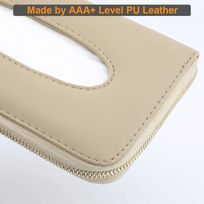 Car Tissue Holder, Sun Visor Tissue Holder, Car Visor Napkin Holder, PU Leather Backseat Tissue Case Holder for Car Vehicle with Zipper (Beige)