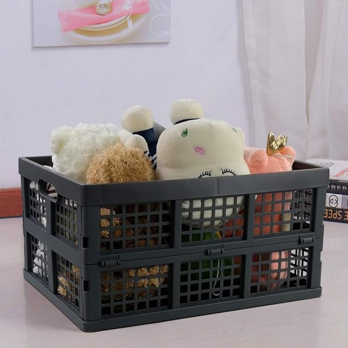 EudokkyNA 3-Pack 30 L Plastic Folding Storage Crates, Collapsible Crates Basket