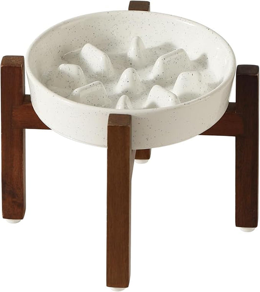 Ceramic 1.2 Cup Dog Raised Slow Feeder Set, Elevated Bowl with Wooden Stand for Medium and Small Dog, 7.3inch Slow Feeder Dish for Fast Easters(1 Bowl & Stand, Vanilla White)