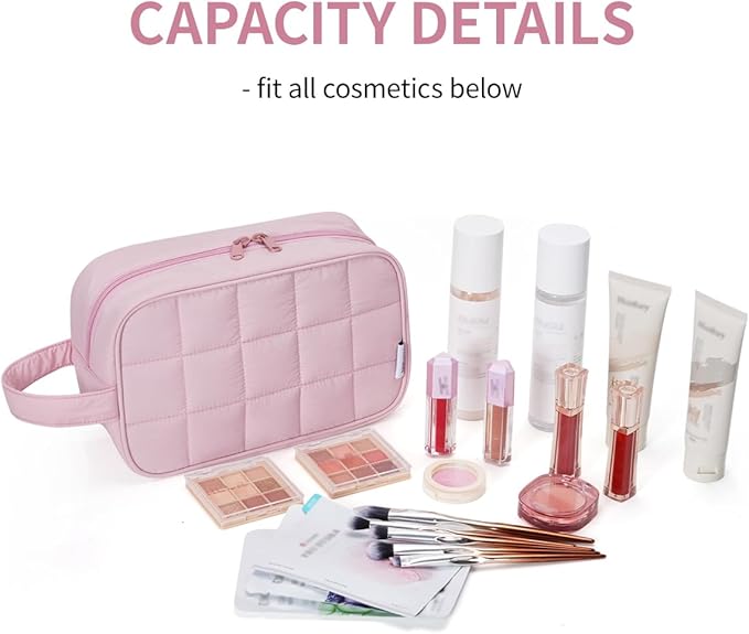 Narwey Puffy Travel Toiletry Bag for Traveling Women Girl, Travel Bag for Toiletries, Cute Travel Makeup Bag Organizer, Quilted Cosmetic Bag Make Up Skincare Medicine Bags