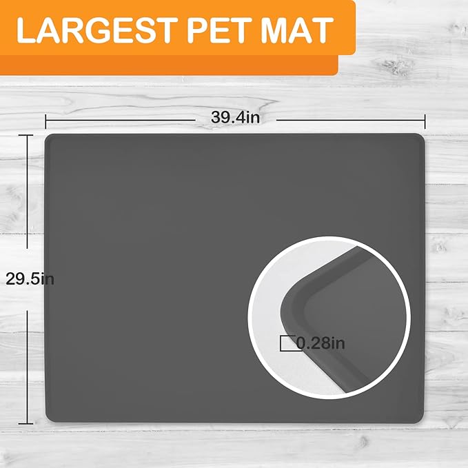 KVK Dog Water Mat 39.4×29.5in - Silicone Dog Mat for Food and Water Extra Large - Pet Food Mat for Floors Waterproof - Pet Feeding Mat Prevent Water Food Spills - Dark Grey