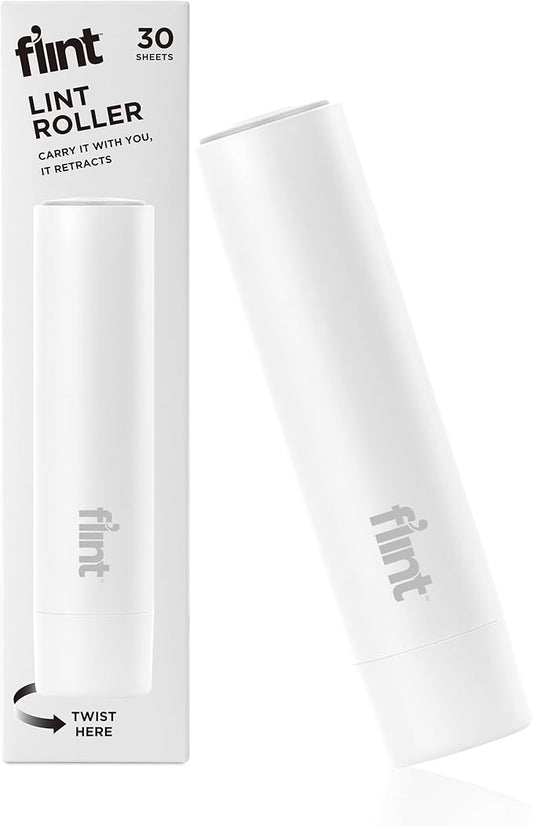 Flint Classic White Retractable Mini Lint Roller with 30 Extra Sticky Sheets, Small and Portable Lint Roller, Ideal Pet Hair Remover, Travel Lint Rollers for pet Hair Extra Sticky