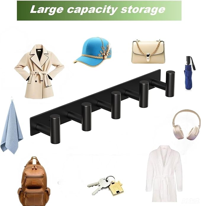 VINHOLD Wall Mounted Coat Rack-5 Hooks, Heavy Duty Stainless Steel Hook Rail for Towel Coat Hat Purse Bag Jacket, Towel Hooks for Entryway Bathroom Kitchen (Black 5 Hooks - 1 Pack)