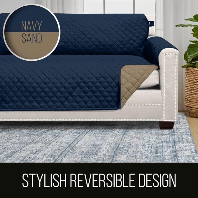 Sofa Shield Recliner Slip Cover with Patented Strap, Cushion Protector, US Designed Reversible Stain and Dog Tear Resistant Slipcover, 28 inch Seat, Washable Covers for Dogs Pets, Navy Sand