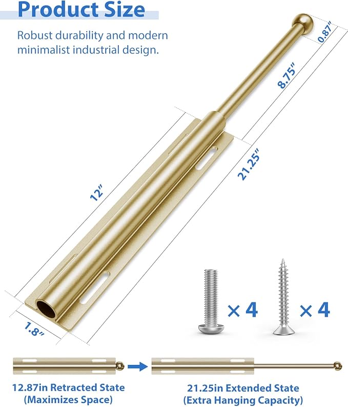 Valet Rod for Closet Pull Out, 12" Aluminum Valet Heavy Duty Closet Valet Rod, Adjustable Retractable Slide Out Valet Rod Closet Organization for Closet Laundry Bedroom Bathroom(Gold)