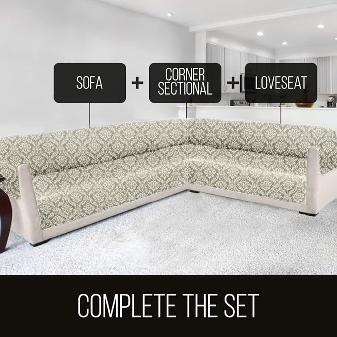 Sofa Shield Couch Slip Cover with Patented Strap, Cushion Protector, US Designed Reversible Stain and Dog Tear Resistant Slipcover, 70 inch Seat, Washable Covers for Dogs Pets, Damask Latte Ivory