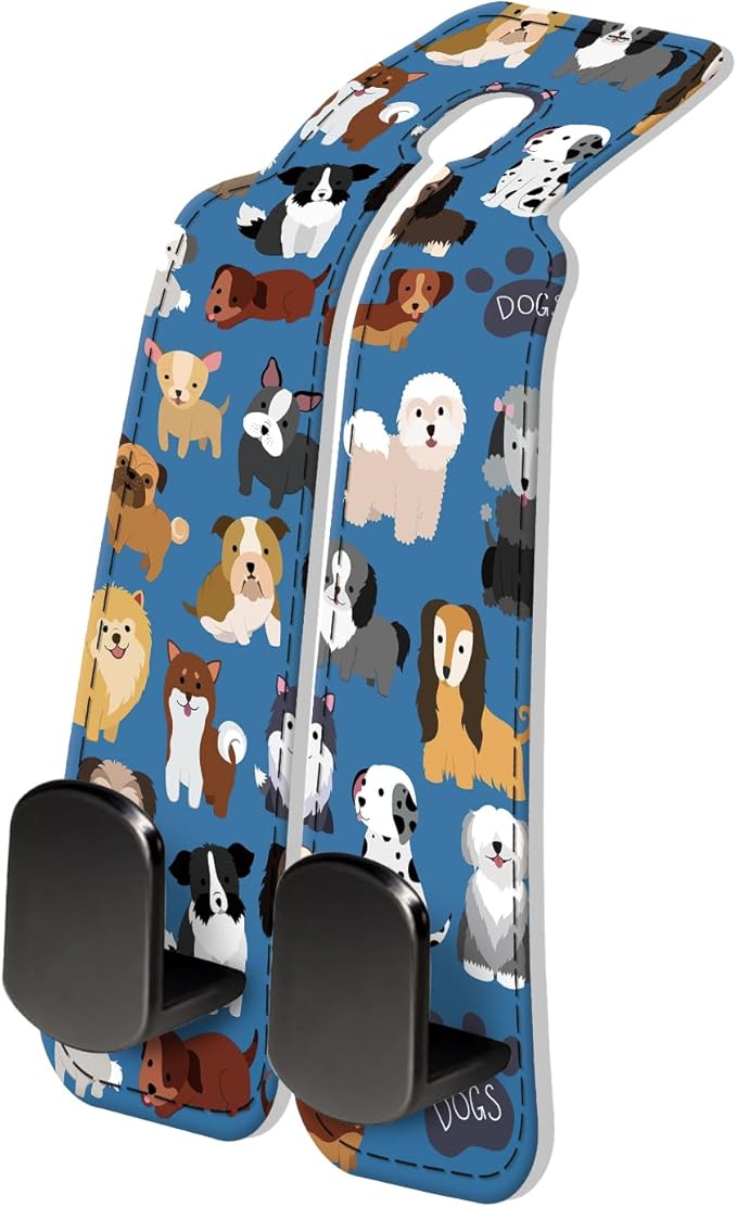 PU Leather Car Seat Hook, Storage Headrest Hanger, Cute Car Backseat Organizer, Car Hooks for Purses and Bags Blue Cute Dogs