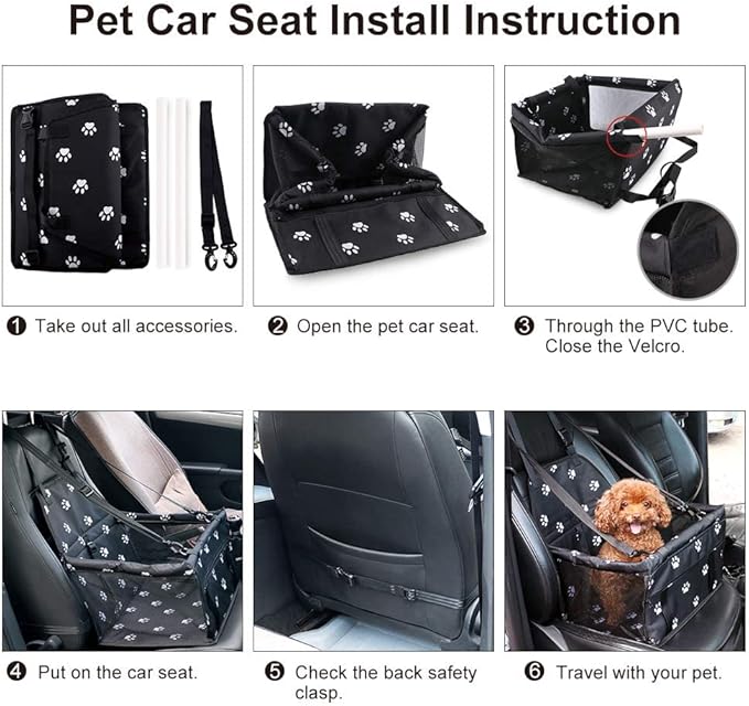 Petbobi Pet Reinforce Car Booster Seat for Dog Cat Portable and Breathable Bag with Seat Belt Dog Carrier Safety Stable for Travel Look Out,with Clip on Leash with PVC Tube, Black Paw Print