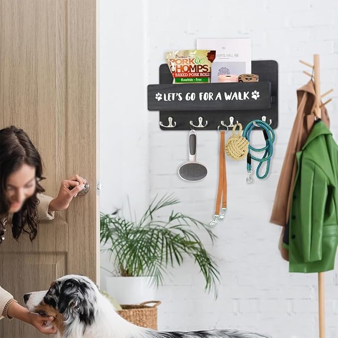 Wood Dog Leash Holder for Wall, Key Hangers with 4 Double Key Hooks, Dog Leash Hanger Wall Mounted for Entryway, Farmhouse Treats,30cm, Black