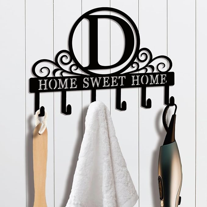 Metal Letter D Key Holder for Wall, Monogram Coat Rack Wall Mount, Key Hooks Perfect for Bathroom, Living Room, Kitchen, Office Ideal Wedding, Anniversary, Housewarming Gift (D)