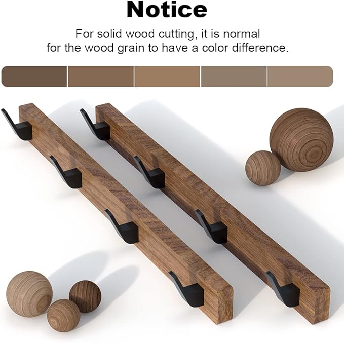 IURRDOP 17 Inch Walnut Wood Wall Mounted Coat Rack with 4 Black Hooks, Adhesive Mounted Entryway Hooks, Modern Natural Wooden Pegs for Hanging Coat Clothes Hat Bag Purse Key and Towel