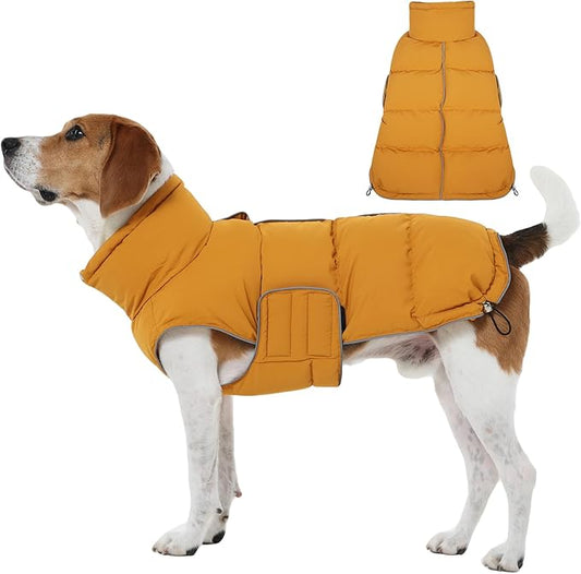 FUAMEY Dog Puffer Jacket for Large Dogs,Dog Cold Weather Coats Winter Dogs Down Jackets Waterproof Pet Snowsuits Warm Puppy Winter Vest Turtleneck Pets Adjustable Jackets Coats Mustard Yellow L