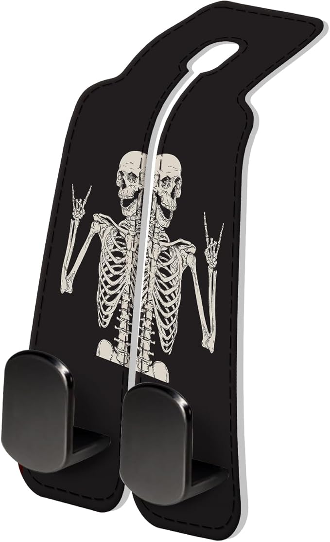 PU Leather Car Seat Hook, Storage Headrest Hanger, Cute Car Backseat Organizer, Car Hooks for Purses and Bags Skull Human Skeleton