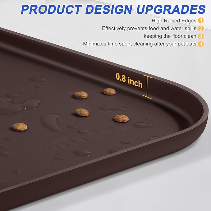 Silicone Pet Feeding Mat with Raised Edge for Food and Water, Dog Bowl Mats, Cat Bowls Placemat with High Lip for Floor Waterproof, Rubber Tray for Cats and Dogs 22 x 14 x0.8 Dark Brown