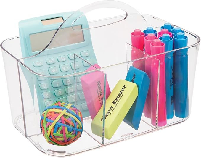 mDesign School Supplies Desk Organizer Tote for Scissors, Pens, Pencils, Notepads, Markers, Highlighters, Tape - Small, Clear