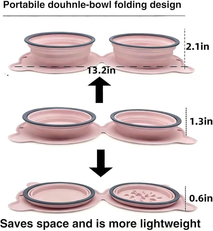 Collapsible Dog Bowls, 2-in-1 Silicone Pet Food and Water Bowl with Carabiner - Portable Double Compartment Travel Dish for Dogs, Ideal for Camping, Hiking, Car Rides, Puppy Essentials(Pink)
