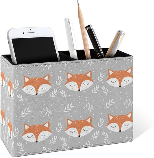 Famame Foxes Head Leaves Cartoon Pencil Holder for Desk, Leather Desktop Container Pen Cup Storage Study Table Pen Organizer Makeup Brush Holder for Classroom Office Home