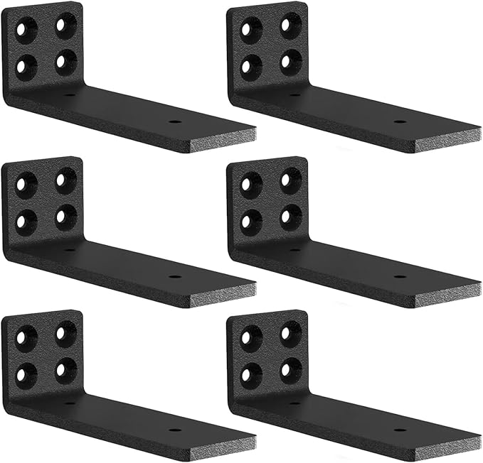 MLOQI 6 Pack Black Heavy Duty Shelf Brackets, Brackets for Wood Shelve, 5mm Thick Floating Shelf Bracket Up to 50KG Capacity (6Inch)