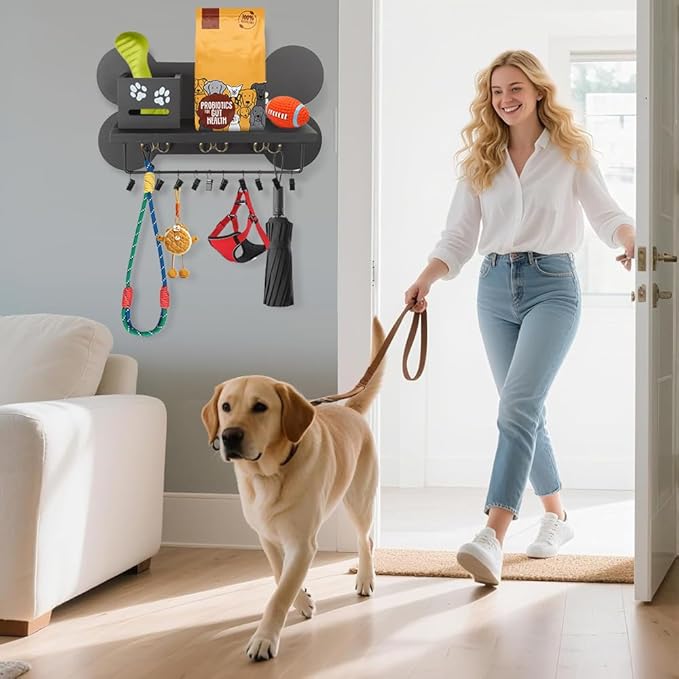 Wood Dog Leash Holder for Wall, Key Hangers with 3 Double Key Holder for Wall, Dog Stuff Organizer and Doggie Bone Key Hooks Wall Mount for Entryway, Farmhouse Treats, Black