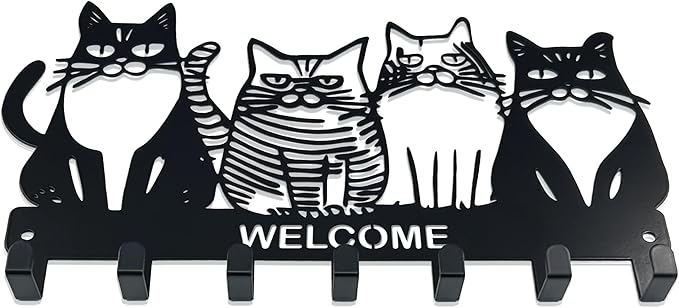 Key Holder for Wall, 11.88'' x 7'' Black Metal Cat Shape Decoration Key Hook Wall Mount Key Rack Hanger Storage Organizer with 7 Hooks for Home Doors Entryway Kitchen Garage Decor