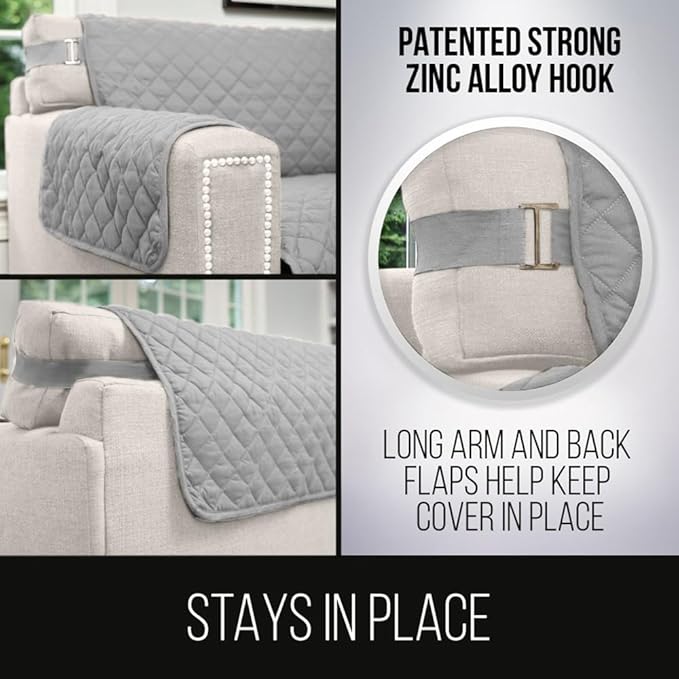 Sofa Shield Couch Slip Cover with Patented Strap, Cushion Protector, US Designed Reversible Stain and Dog Tear Resistant Slipcover, 62 inch Seat, Washable Covers for Dogs Pets, Light Gray