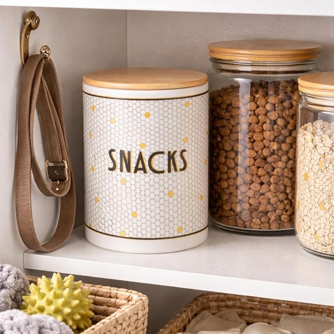 Pearhead Ceramic Dog Treat Jar with Wooden Lid – Bistro Tile Dog Biscuit Container for Countertop, Airtight Stoneware Pet Treat Storage Canister for Puppy Treats & Training Rewards