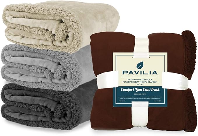 PAVILIA Waterproof Blanket Throw Dark Grey Queen,Waterproof Pet Blanket for Dog Couch Protection,Leak Proof Sherpa Fleece Blanket for Bed Sofa,Liquid Resistant Large Plush Throw 90x90,Charcoal