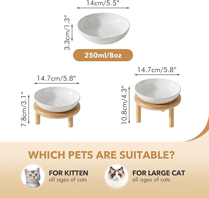 2 Sets of Elevated Ceramic Paw Print Cat Dish, Wide Whisker Friendly Anti-Slip Food & Water Bowl with 2 Heights Adjustable Stands - Pet Bowl Set for Cats (2 Dishes +2 Stands, White)