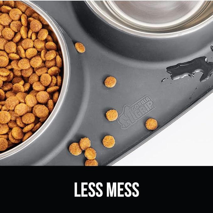 GORILLA GRIP Feeding Mat Set, 4 Cup, Patent Pending 100% Waterproof BPA Free Silicone, Stainless Steel Cat and Dog Bowls, Slip Resistant, High Edges Catch Water Food, US Designed Pet Accessories, Gray