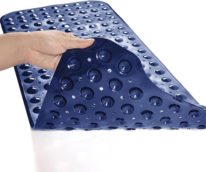 Bath Tub and Shower Mats, Non-Slip 39 x 16 Inch Extra Long Bathtub Mat, Machine Washable BathMat with Drain Holes, Suction Cups for Bathroom (Opaque Navy Blue)