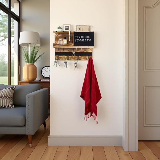 Key Holder for Wall Mount with Shelf and Mail Organizer, Key and Mail Holder with 16 Hooks, Farmhouse Entryway Organizer, Home Decor Rack(Pine Wood, Wood Color)