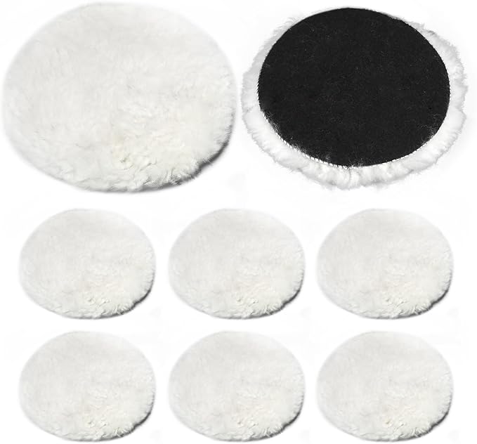 PHITUODA 8 Pcs Wool Polishing Pad 5 Inches Soft Sheepskin Buffing Pads with Hook and Loop Back for Compound Cutting & Polishing for Automotive, Marine, Furniture