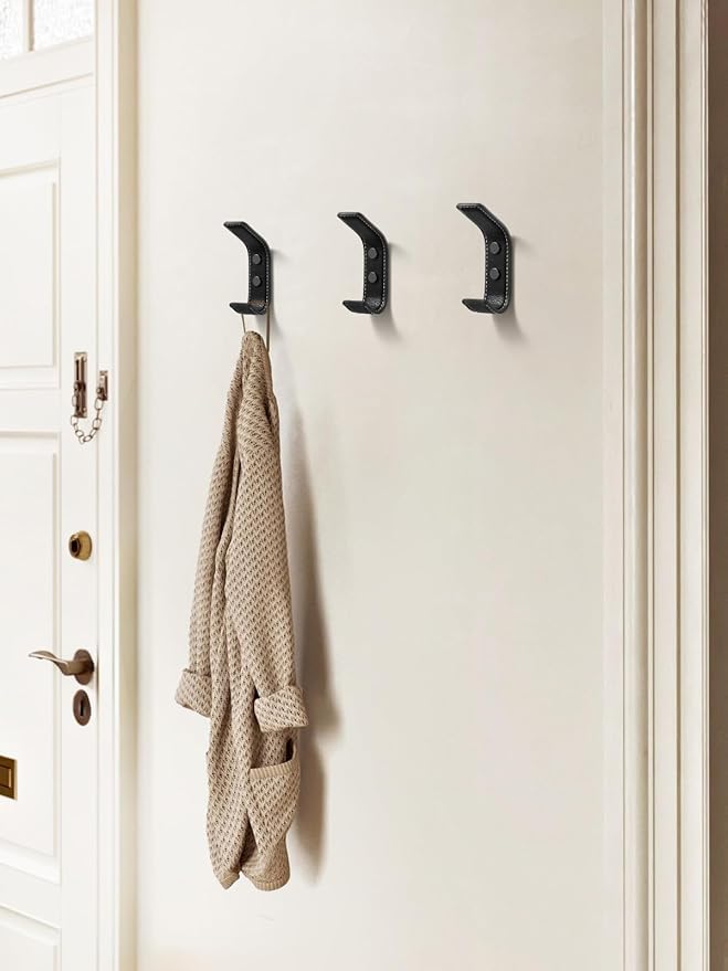 2 Pack Black Leather Coat 2 Hooks Wall for Hanging Rectangle Coat Hooks for Hanging Robe Towels Bags Hats Scarf Keys Clothes Suitable for Bedroom, Entryway and Closet