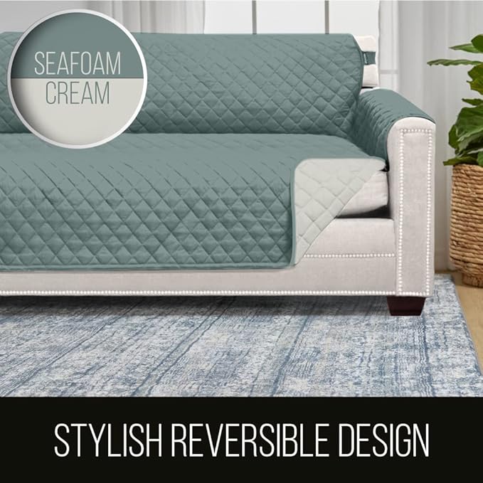 Sofa Shield Couch Armchair Covers for Dogs, Reversible Furniture Protector with Strap, Stain and Tear Resistant Cushion Cover, 23 inch Seat, Machine Washable Slipcover Pets, Cats, Seafoam Cream