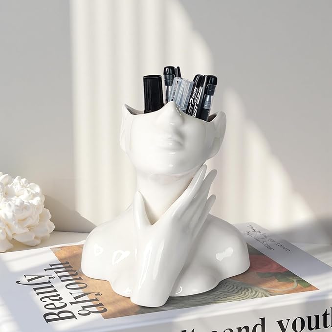 Ceramic Face Pen Holder Organizer, Female Form Face Pen Tools Storage Cup for Desk Accessories, Compact Pencil Holder for Desktop, Living Room, School, Home and Office Decor