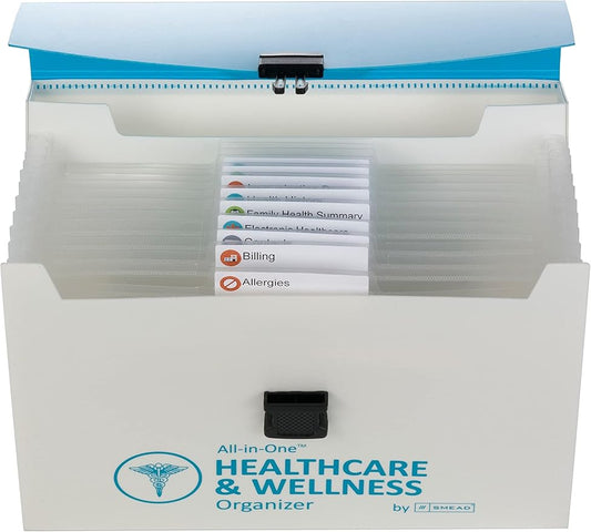 Smead All-in-One Healthcare & Wellness Organizer, 13 Pockets, Letter Size, Latch Closure, Poly White/Teal (92012)