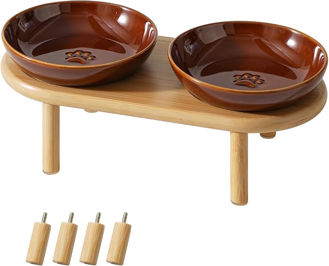 Elevated Ceramic Cat Dish with Paw Print, Wide Whisker Friendly Anti-Slip Food & Water Bowl with 2 Heights Adjustable Stand - Pet Bowl Set for Cats (2 Dishes +Stand, Caramel Brown)